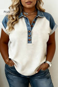 Contrast Denim Patchwork Polo Tee Curvy