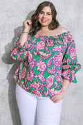 Printed Off Shoulder Poplin Top Curvy