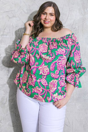 Printed Off Shoulder Poplin Top Curvy