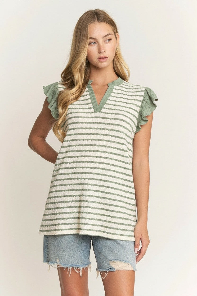 Stripe Ruffle Sleeve V-Neck Top Available Curvy