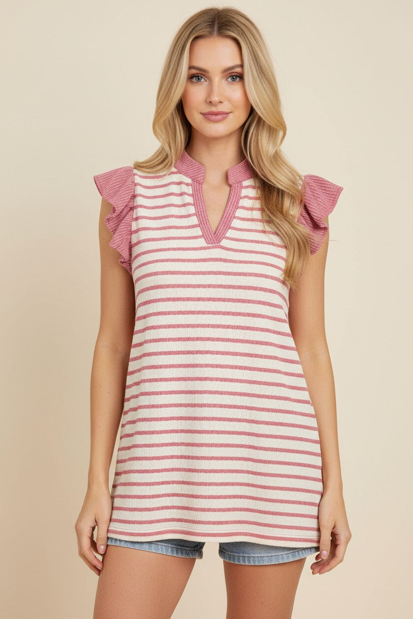 Stripe Ruffle Sleeve V-Neck Top Available Curvy