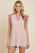 Stripe Ruffle Sleeve V-Neck Top Available Curvy