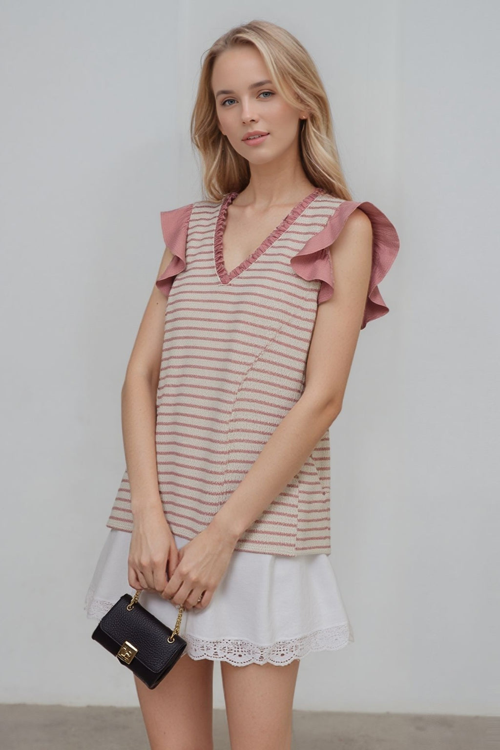 Stripe Ruffle Neck Top Available Curvy