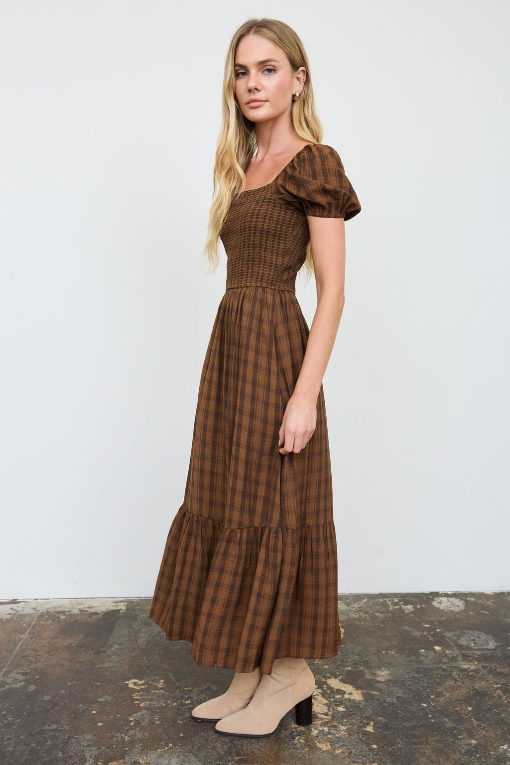 Mary Plaid Smocked Midi Dress