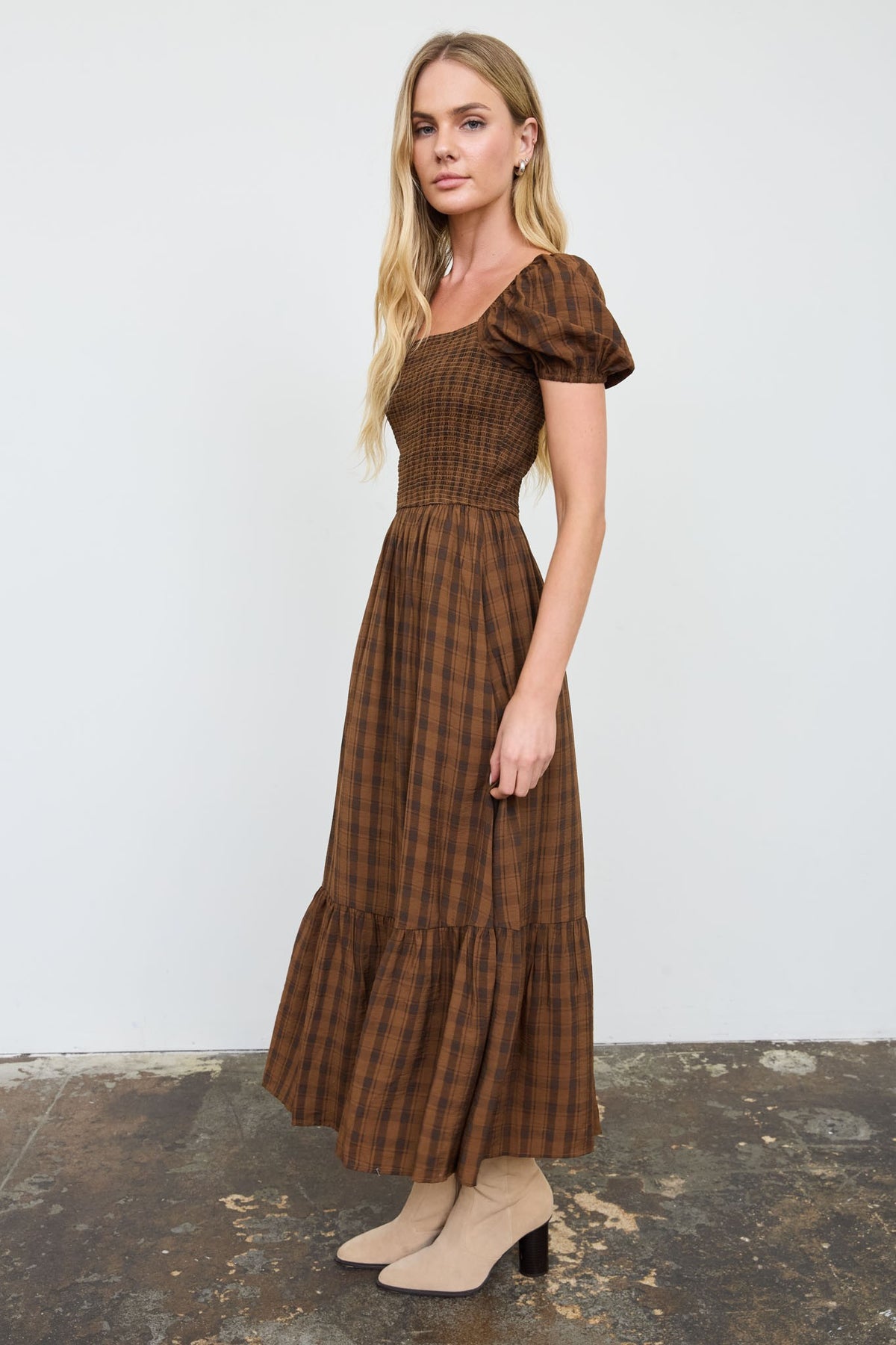 Mary Plaid Smocked Midi Dress