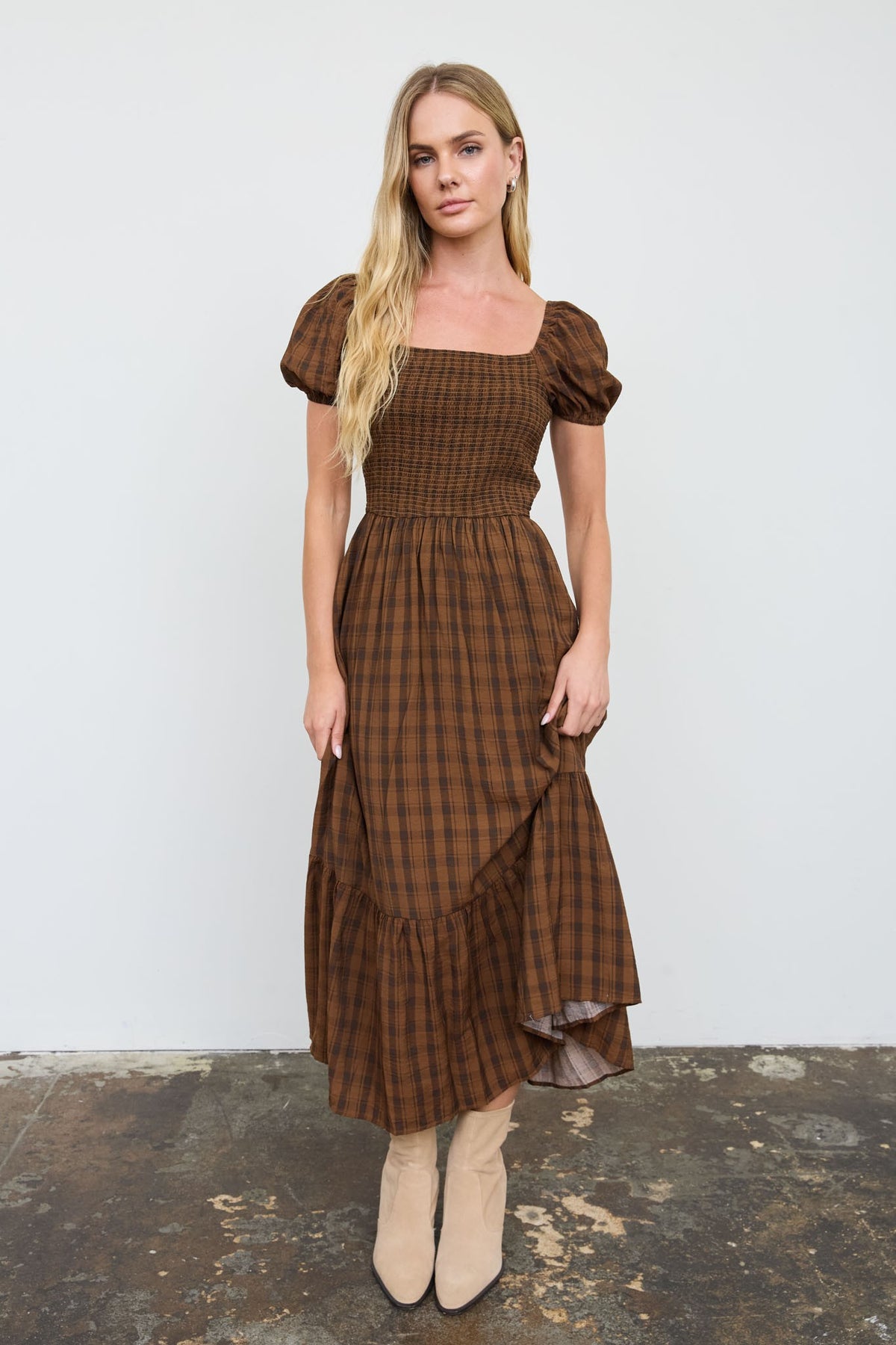 Mary Plaid Smocked Midi Dress