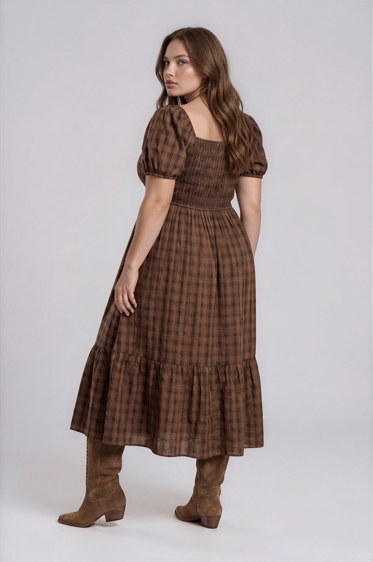 Mary Plaid Smocked Midi Dress
