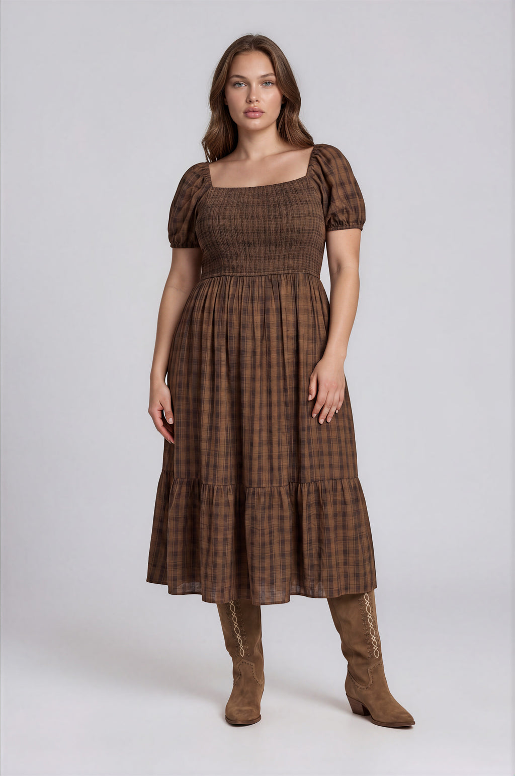 Mary Plaid Smocked Midi Dress