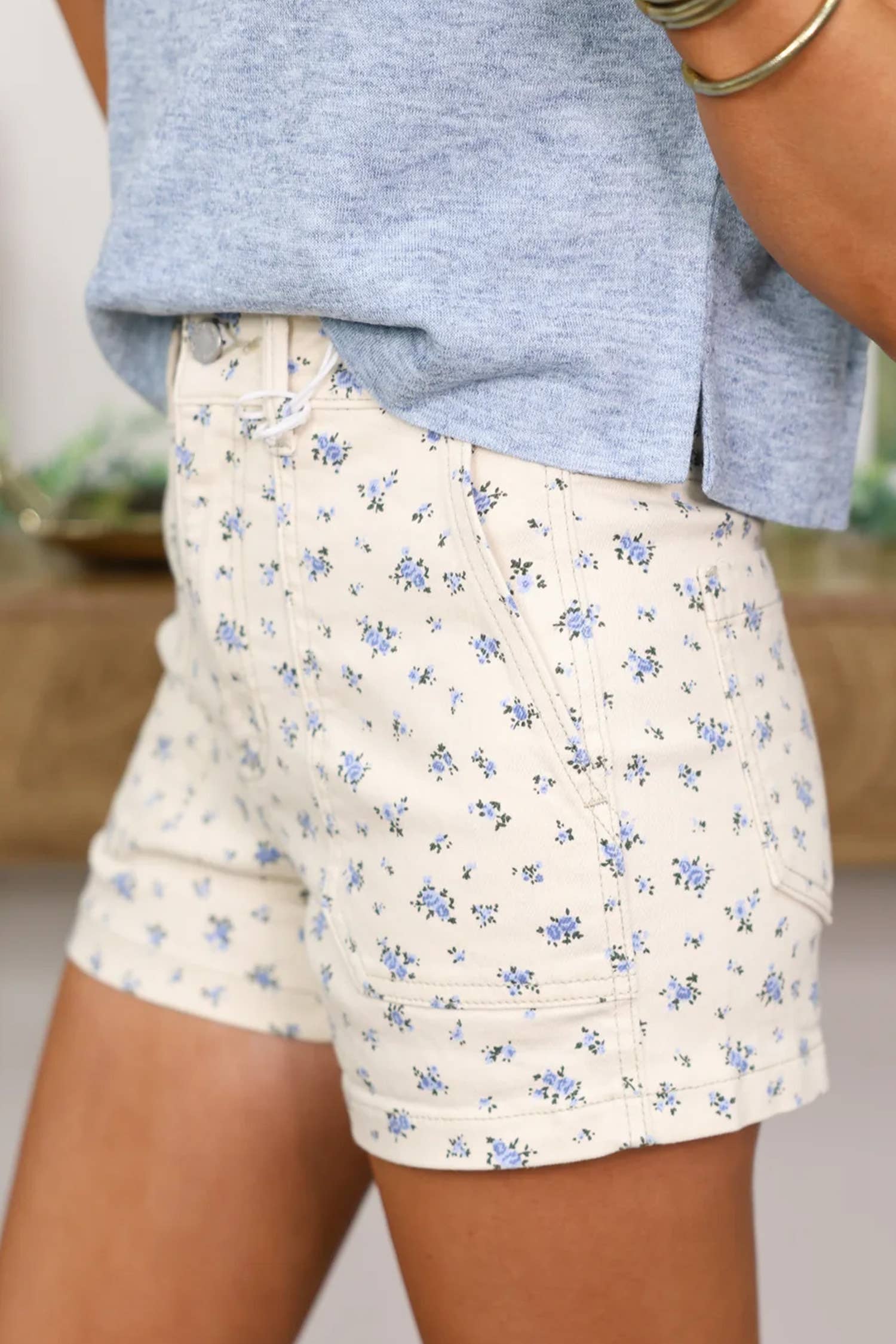 Bluebell Bloom Floral High-Waisted Denim Shorts