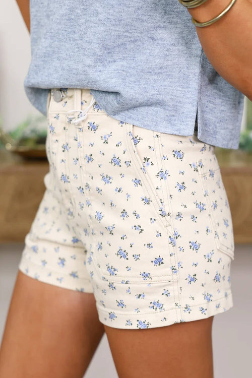 Bluebell Bloom Floral High-Waisted Denim Shorts