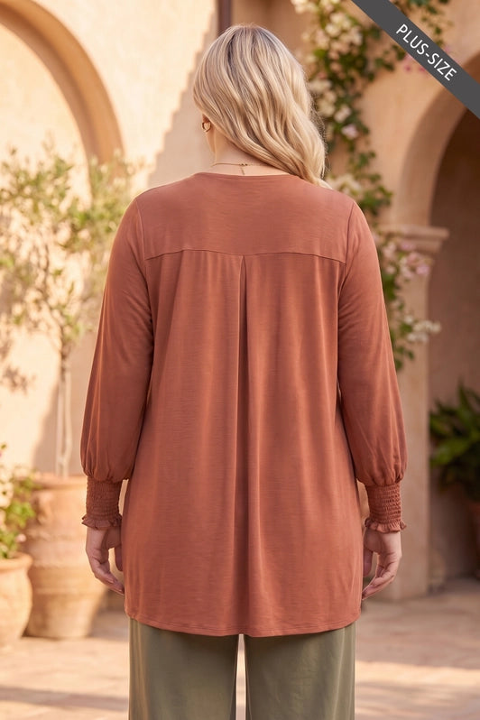 Nicole Smocked Cuff Open Front Cardigan Curvy