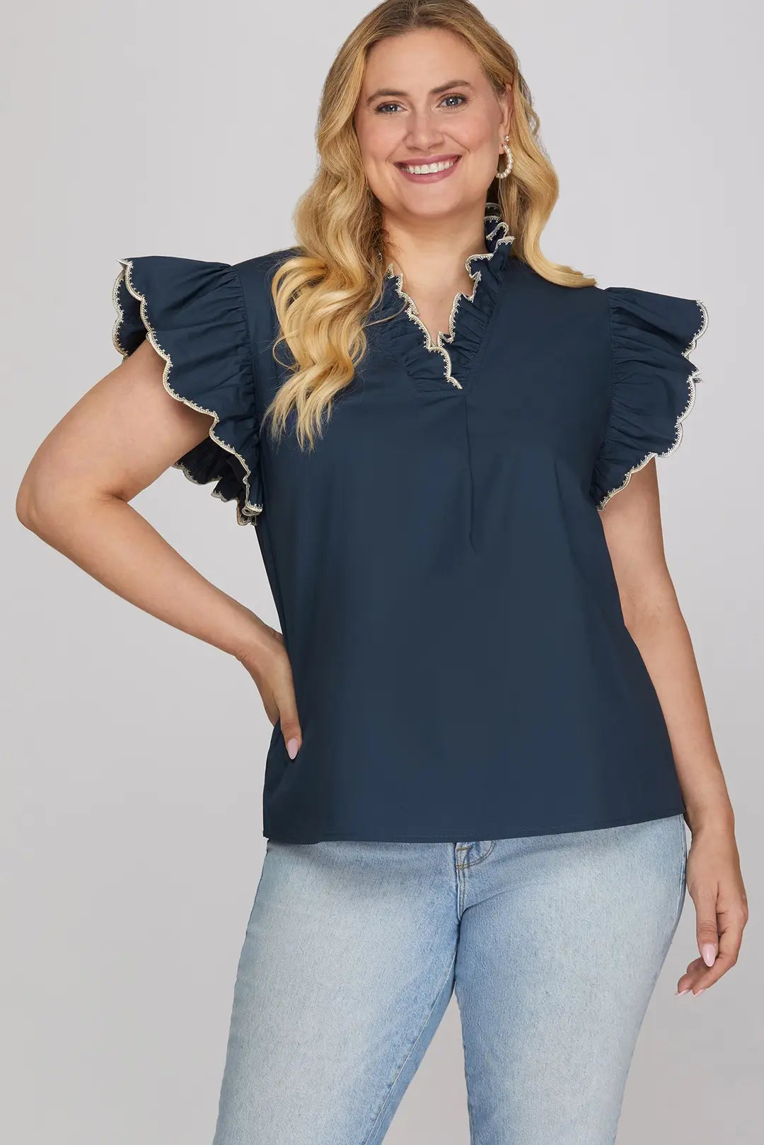 Charmed Embroidered Ruffle Top Curvy