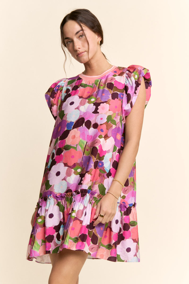 Ruffle Sleeve Floral Dress in Berry Pink