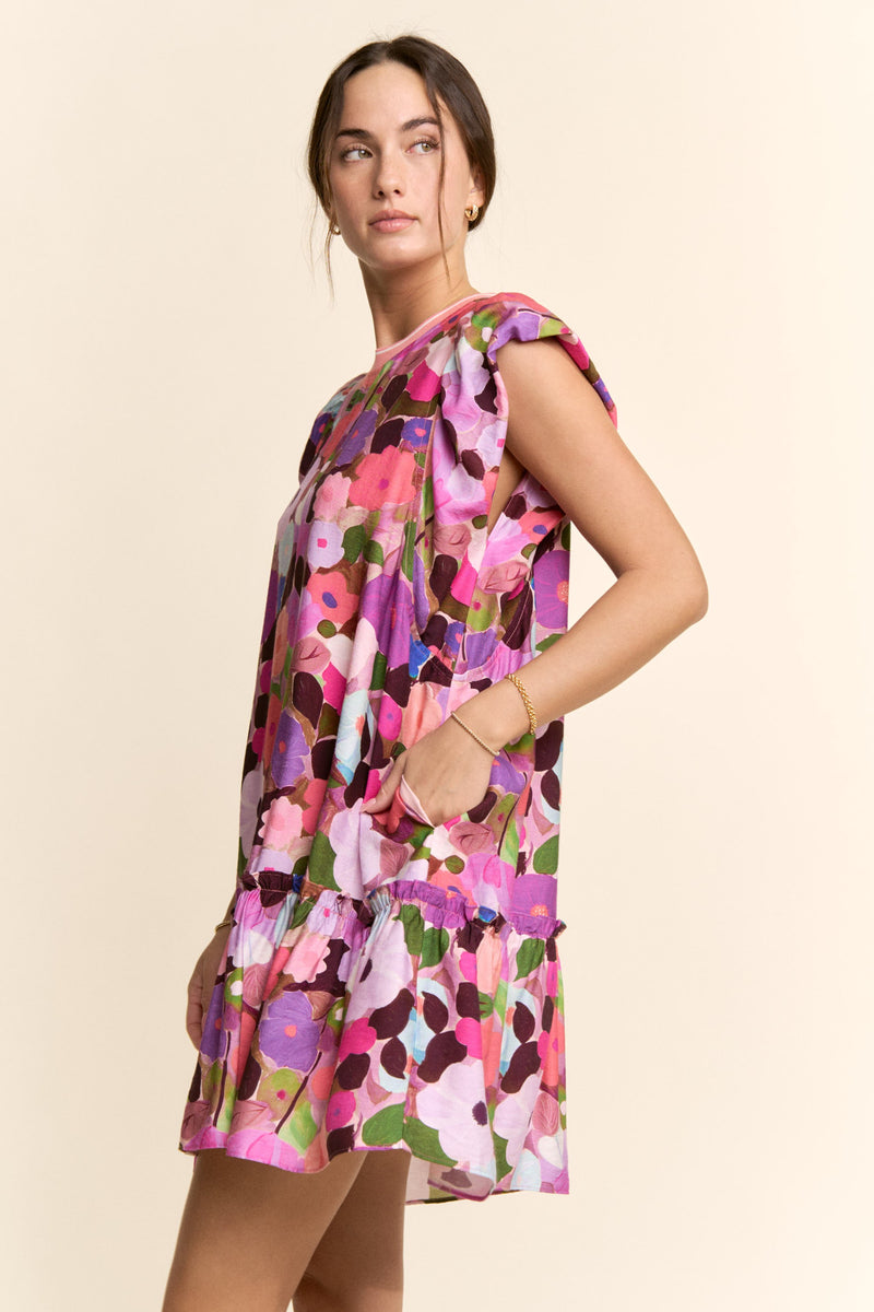 Ruffle Sleeve Floral Dress in Berry Pink