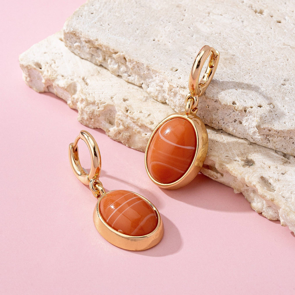 Oval Stone Drop Hoop Earrings
