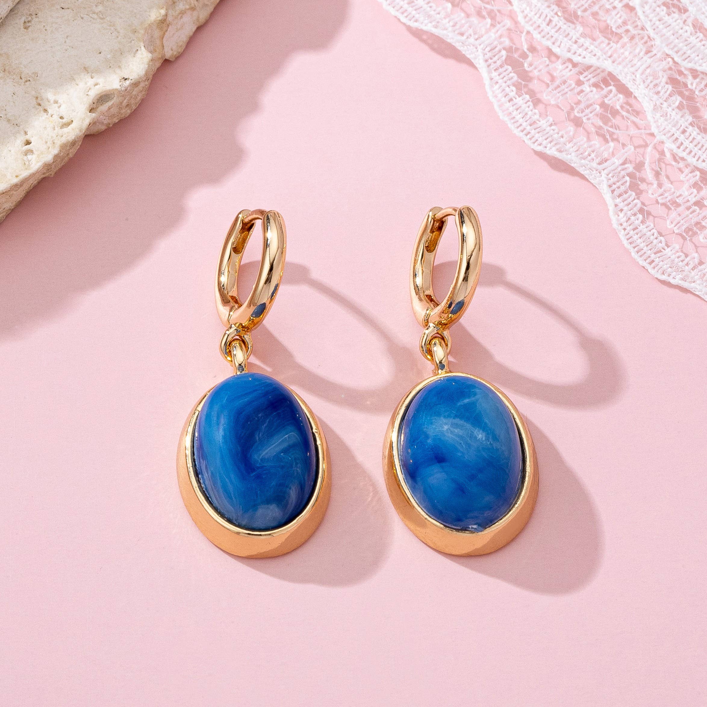Oval Stone Drop Hoop Earrings