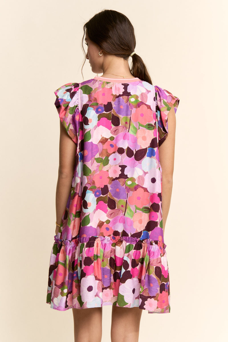 Ruffle Sleeve Floral Dress in Berry Pink