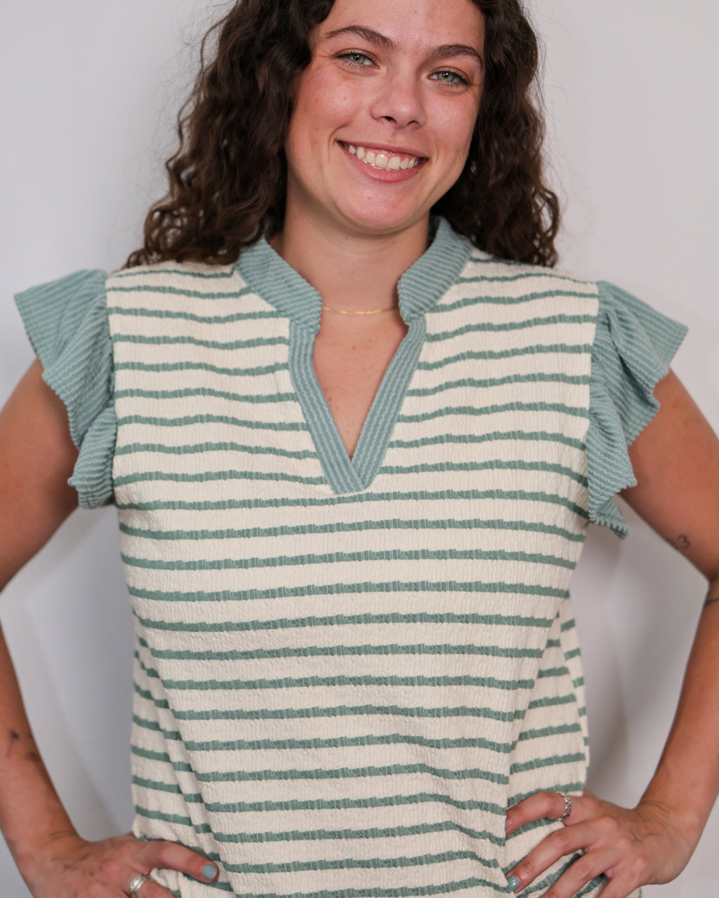 Stripe Ruffle Sleeve V-Neck Top Available Curvy