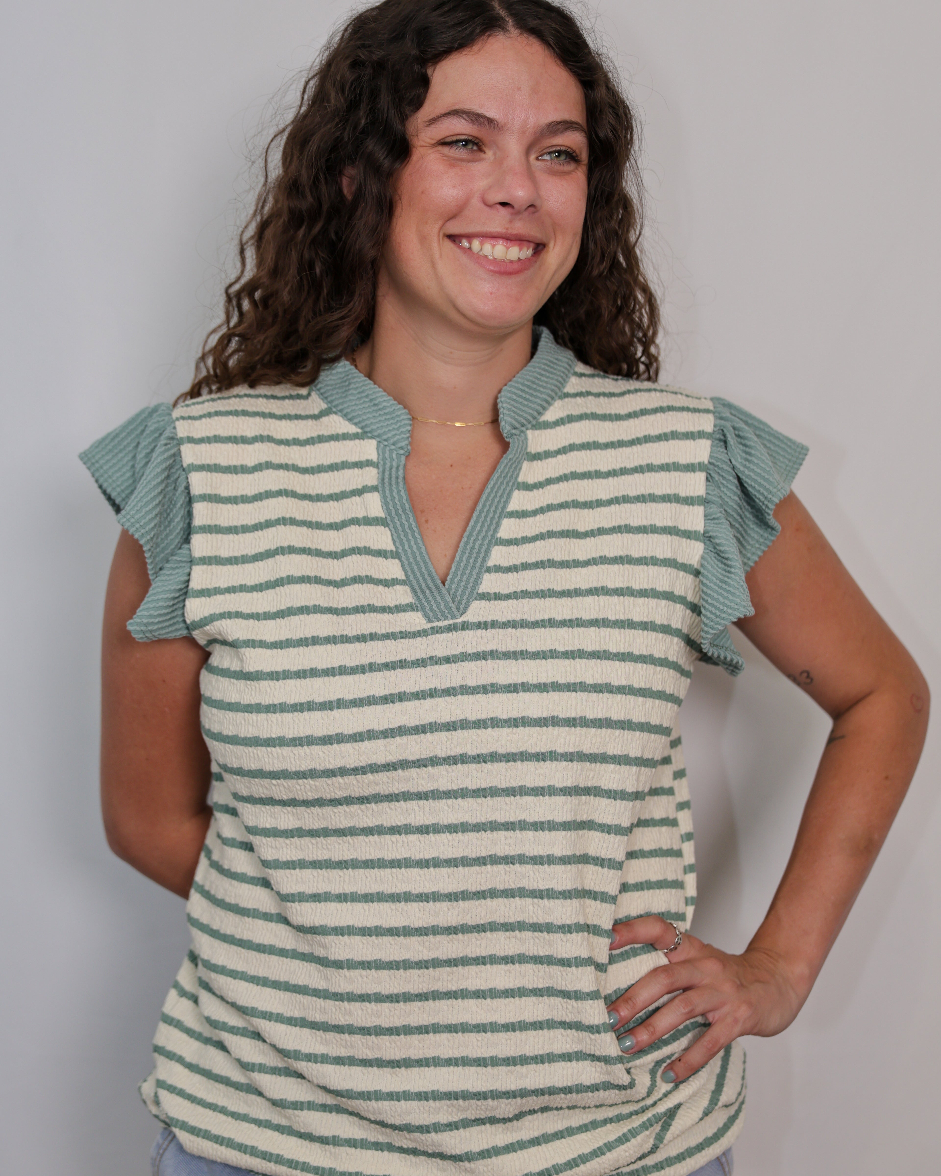 Stripe Ruffle Sleeve V-Neck Top Available Curvy
