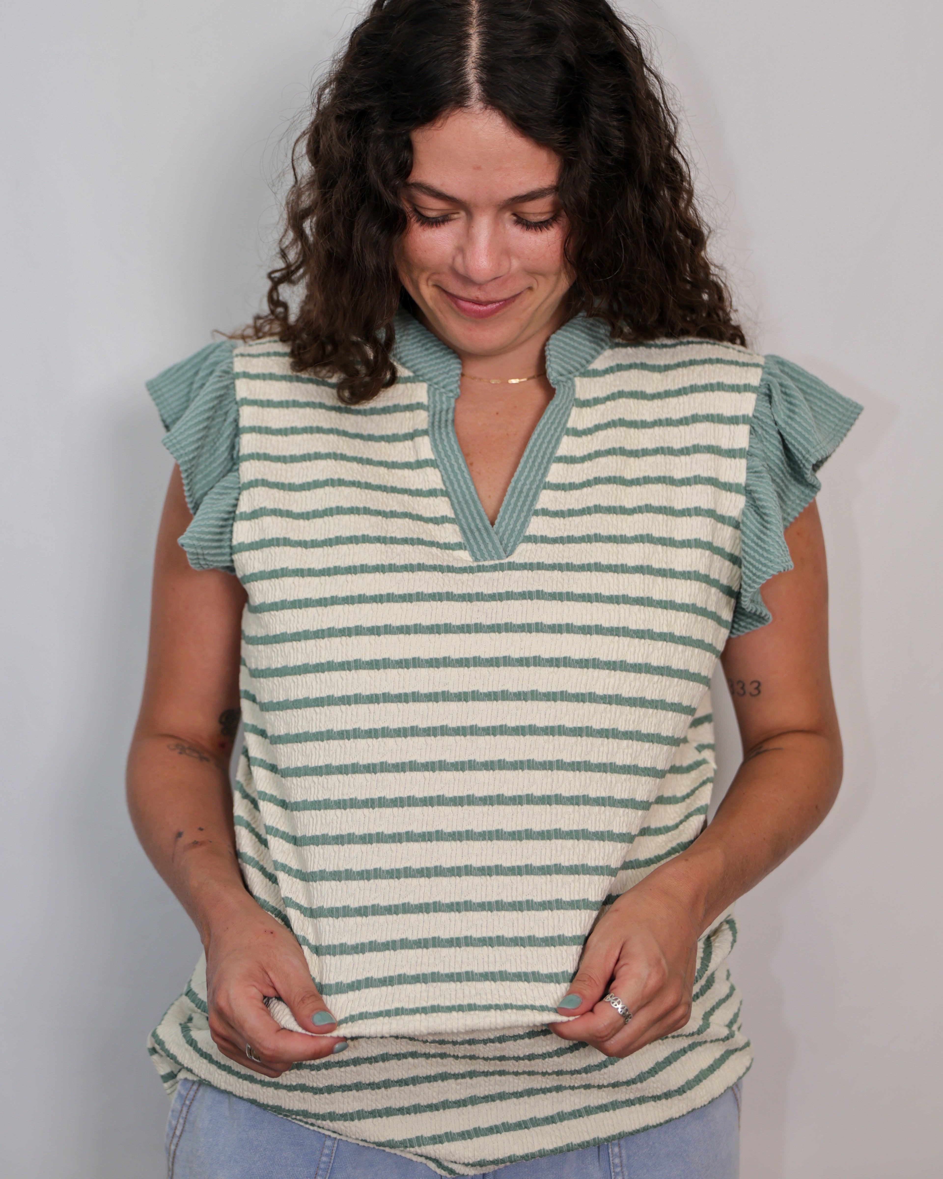 Stripe Ruffle Sleeve V-Neck Top Available Curvy