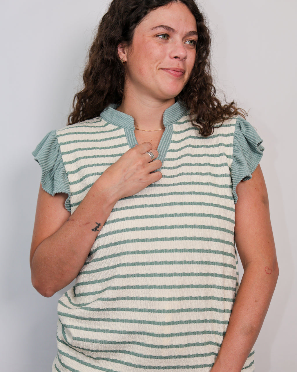 Stripe Ruffle Sleeve V-Neck Top Available Curvy