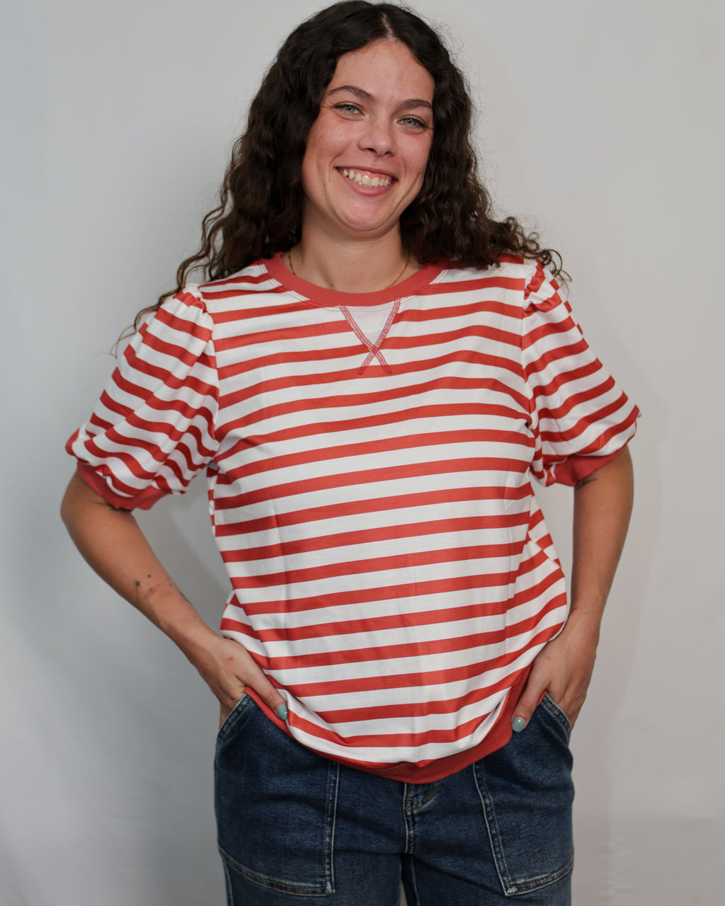 Classic Charm Bubble Sleeve Top Available Curvy