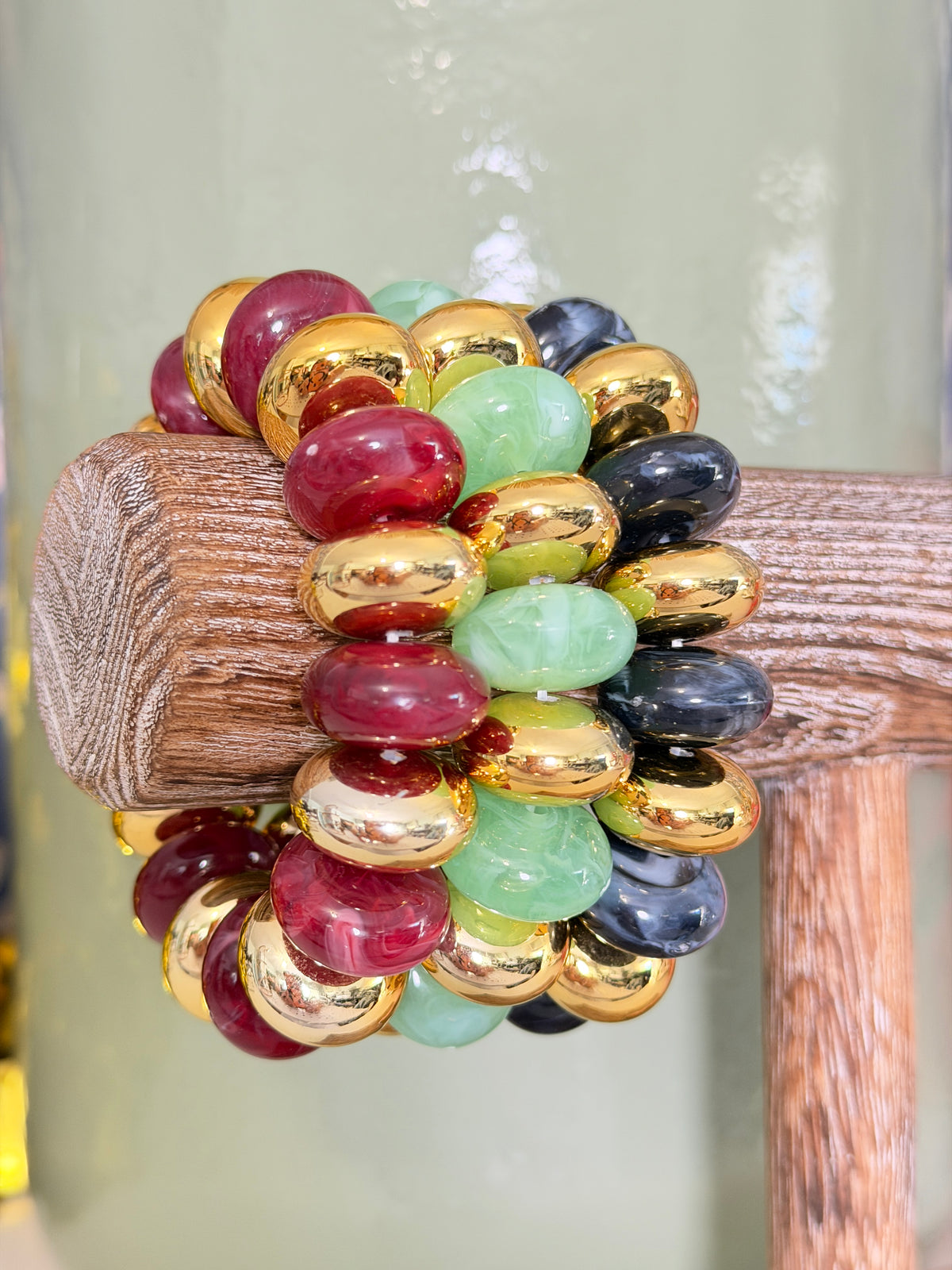Burgandy Chunky Stone & Metallic Stretch Bracelet