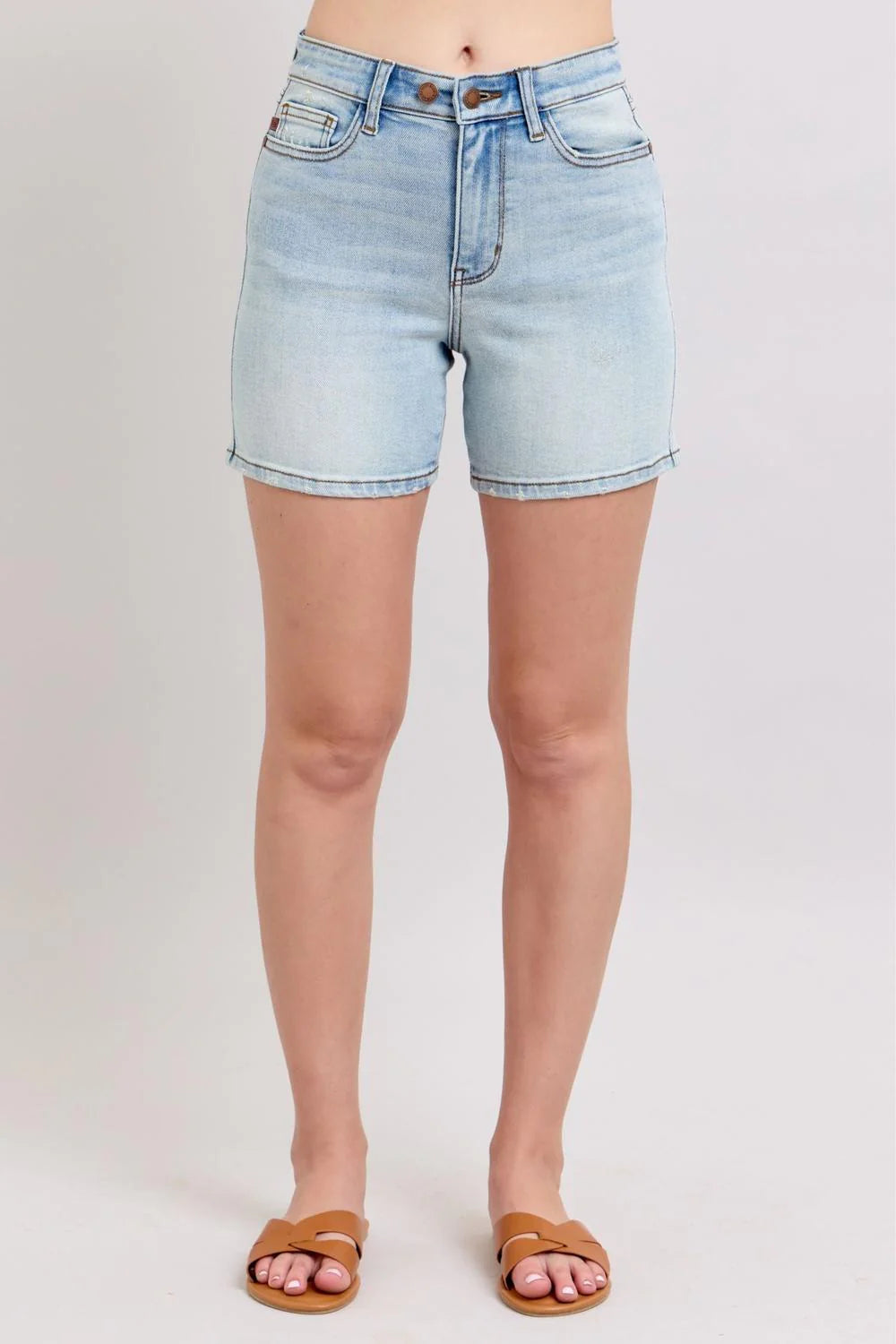 Judy Blue High Rise 2 Button Mid Length Dad Shorts Available Curvy