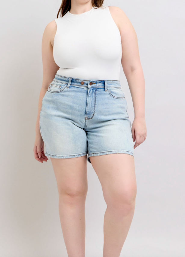 Judy Blue High Rise 2 Button Mid Length Dad Shorts Available Curvy