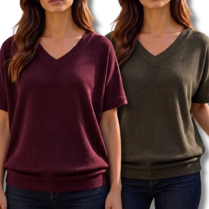 Stephanie Ribbed V-Neck Short Sleeve Top Available Curvy