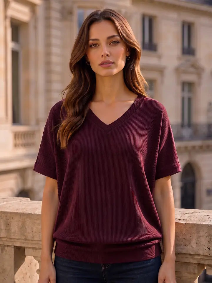 Stephanie Ribbed V-Neck Short Sleeve Top Available Curvy
