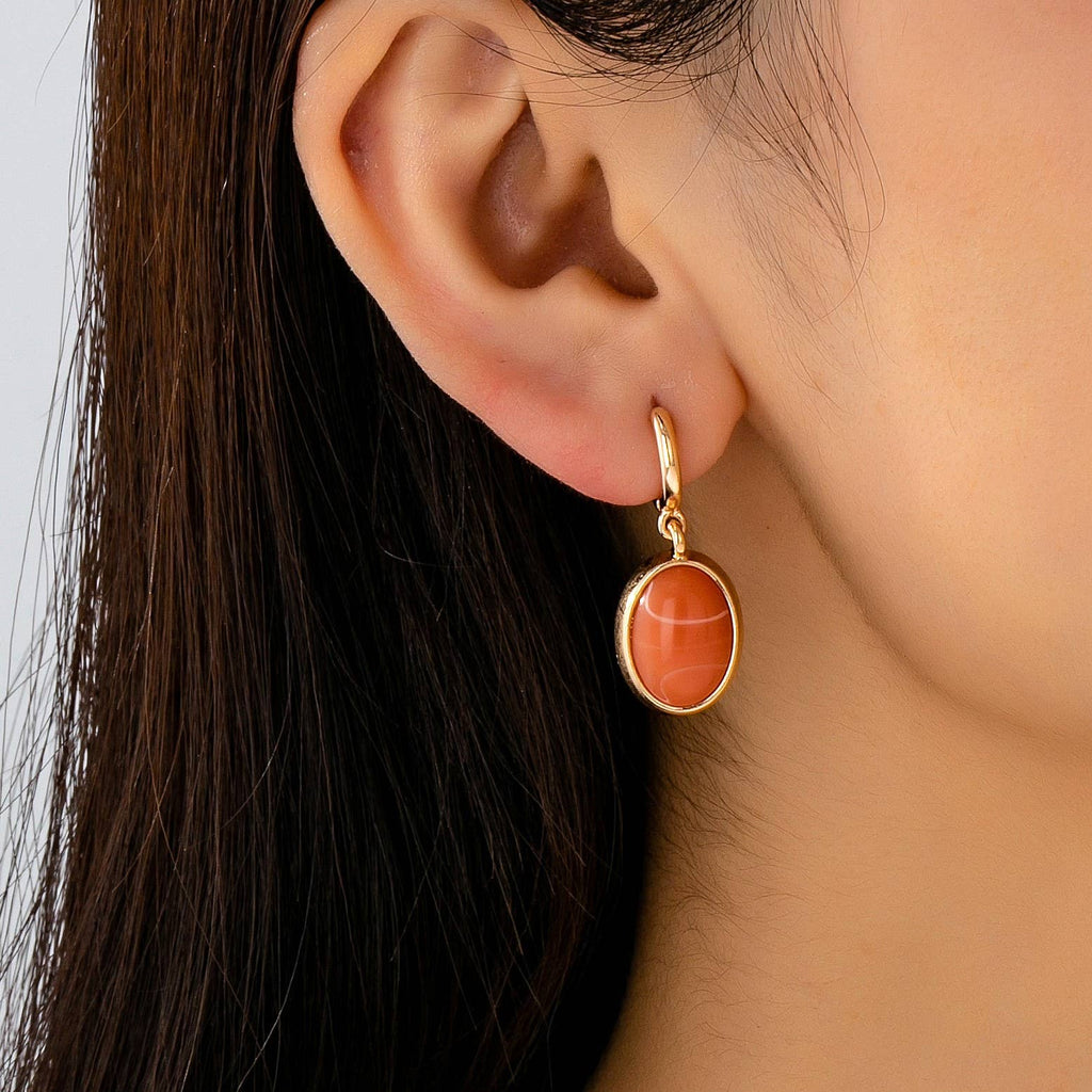 Oval Stone Drop Hoop Earrings