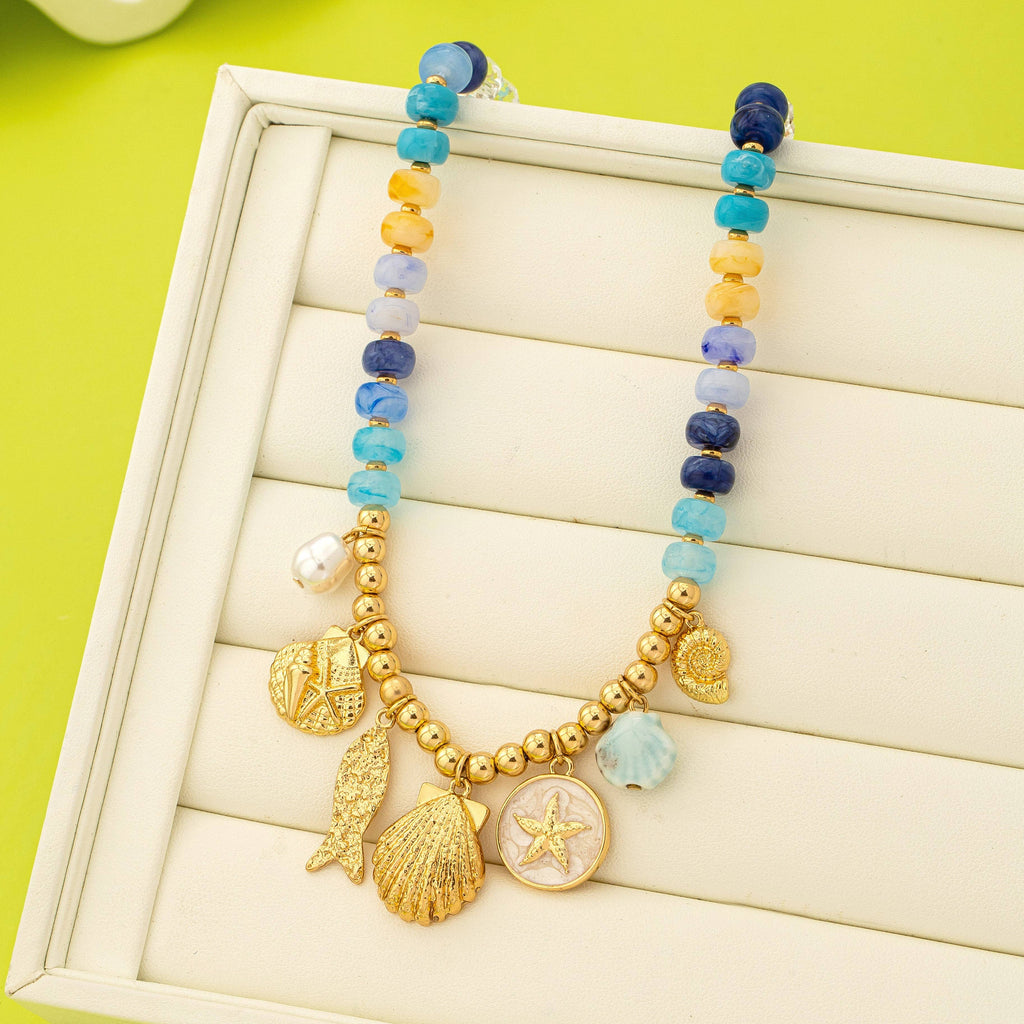 Nautical Blue Beaded Sealife Charm Necklace