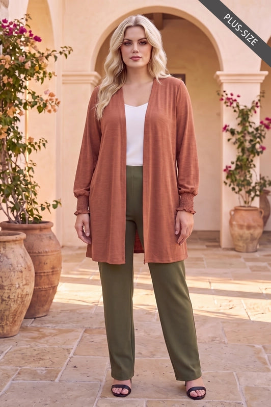 Nicole Smocked Cuff Open Front Cardigan Curvy