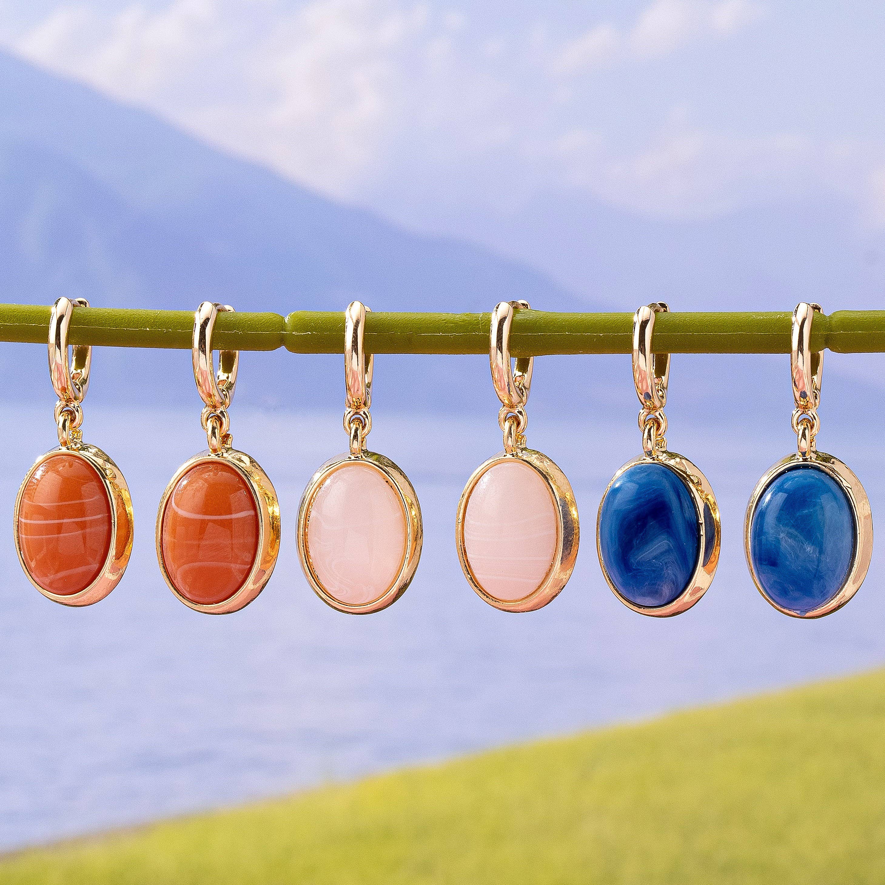Oval Stone Drop Hoop Earrings